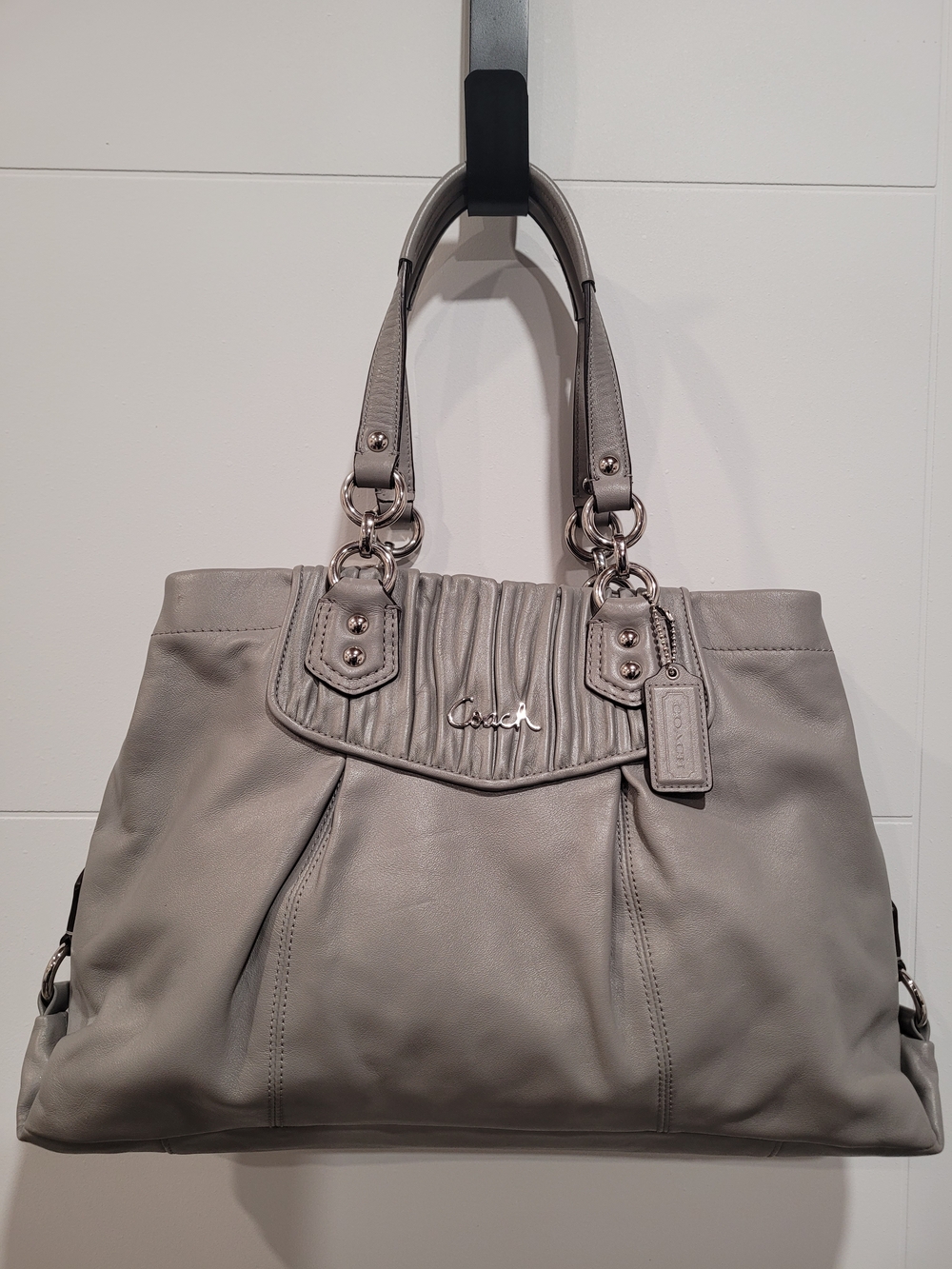 COACH Ashley Gray Leather Carryall Satchel Handbag F19425, Silver Tone Hardwares
